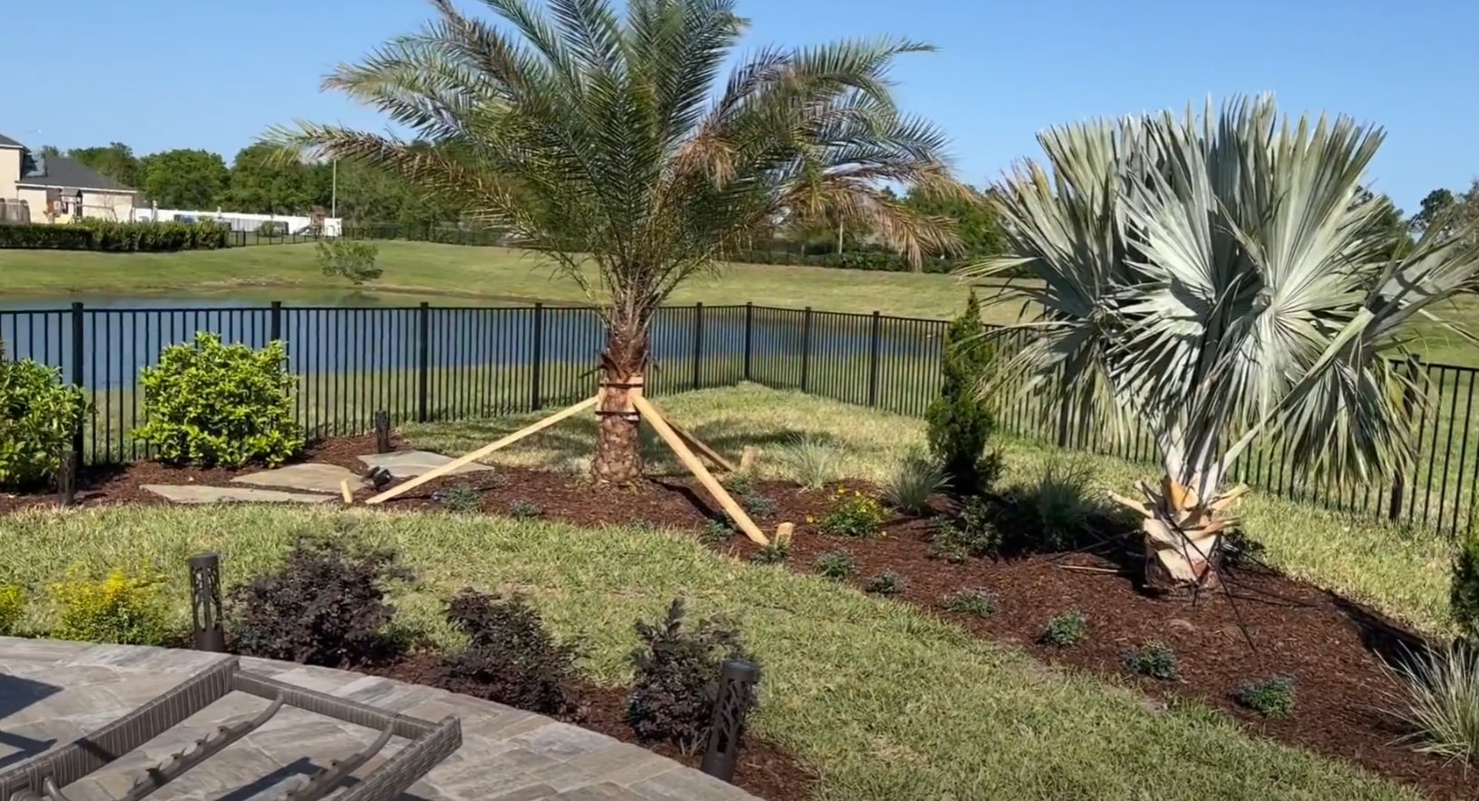 Native Plant Landscaping with Palm Trees and Natural Garden Borders Backyard landscaping featuring palm trees, native plant installation, and natural mulch beds with wooden garden borders